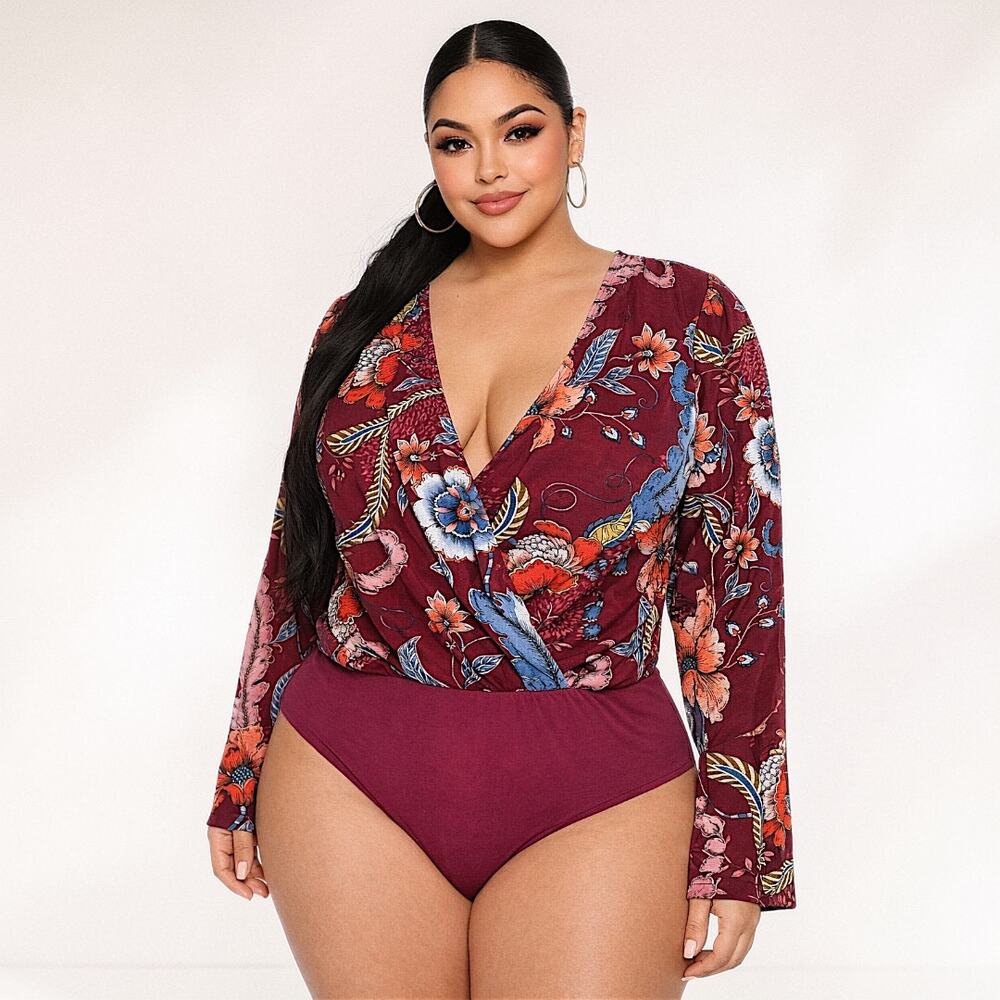 Fashion Nova Floral Bodysuit Burgundy Long Sleeve Wrap - Sizes 1X & 2X - NWT